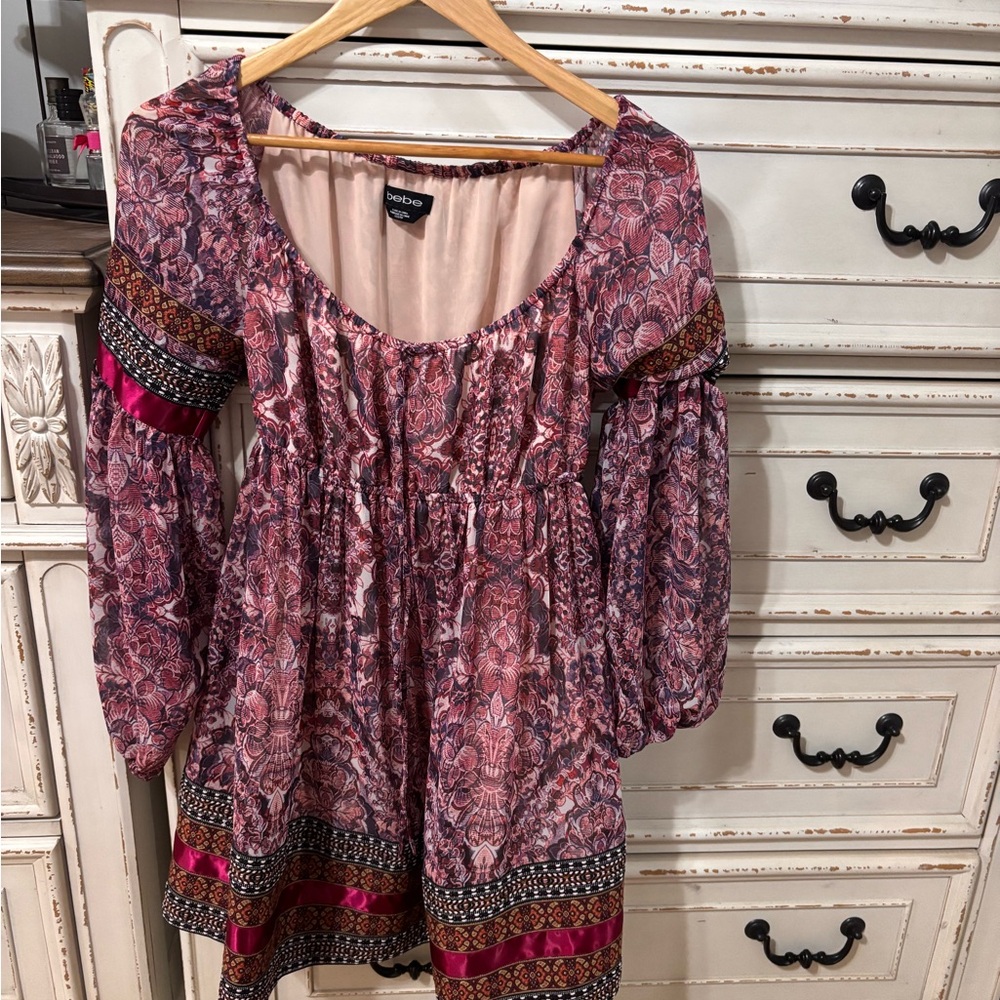 Bebe Pink and Blue Boho Patterned Dress XXS